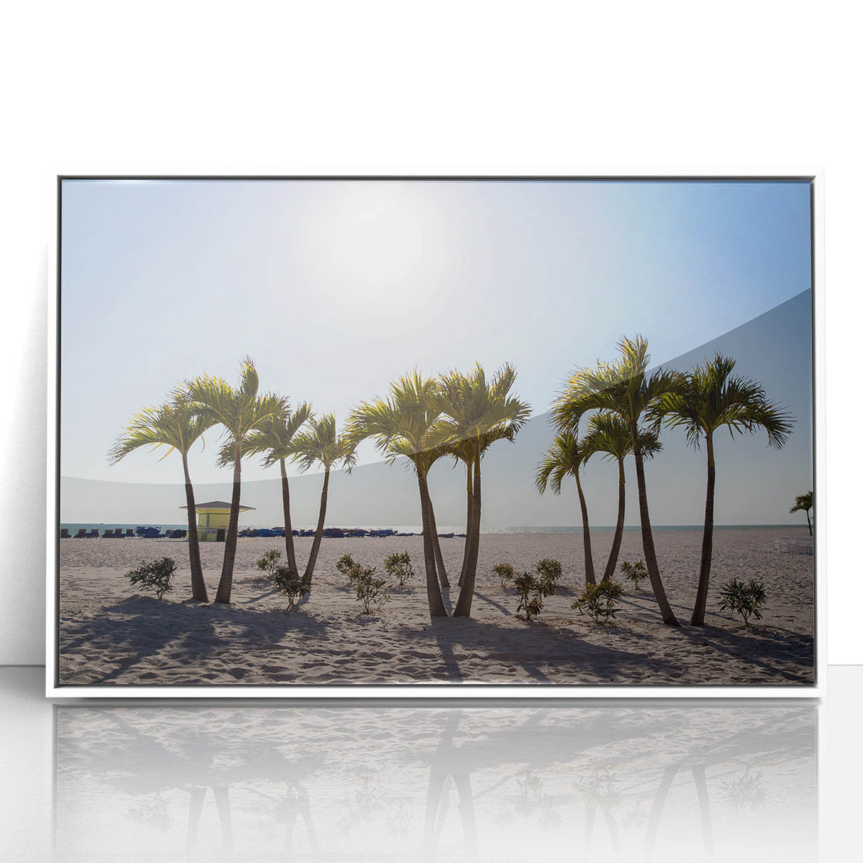 Art deco poster of Palm Beach with pastel shades on framed acrylic, ideal for modern nursery wall decor.