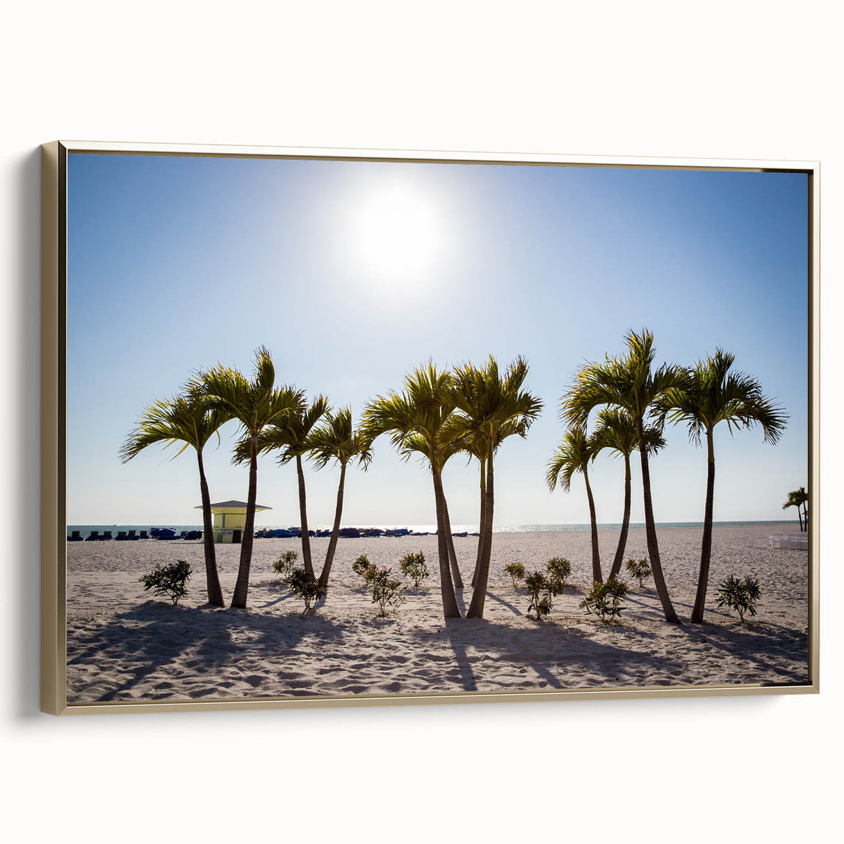 Framed canvas landscape painting of Palm Beach with vintage-style elements and a black and gold color palette.