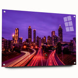 Acrylic glass print of the Atlanta skyline in muted gray and blue tones, suitable for bedroom or dining room decor.