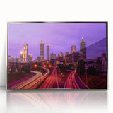 Mid-century modernist art of Atlanta skyline in muted gray tones on a framed acrylic, ideal for modern art wall decor.
