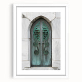 Abstract art print of Savannah skyline in muted gray and blue tones, framed with a white mat, suitable for dining room decor.