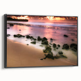 Black and white framed canvas featuring a vintage-style landscape painting of Kauai, ideal for bedroom wall decor.