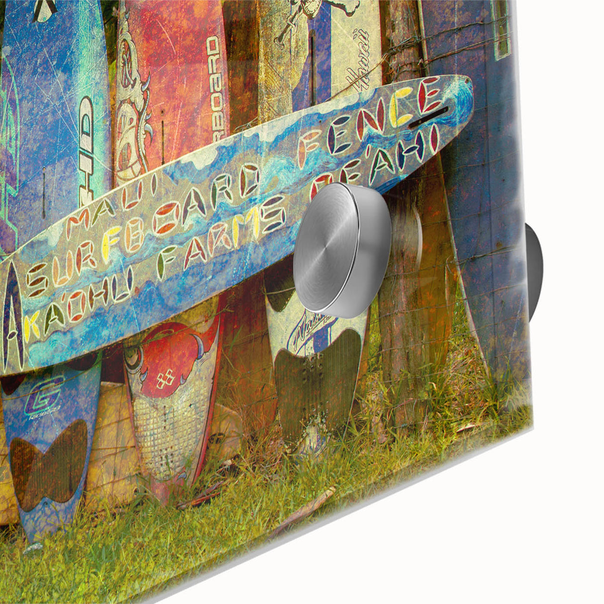 Large abstract wall art depicting a Maui scenery in vibrant hues on acrylic glass, ideal for dining room ambiance.