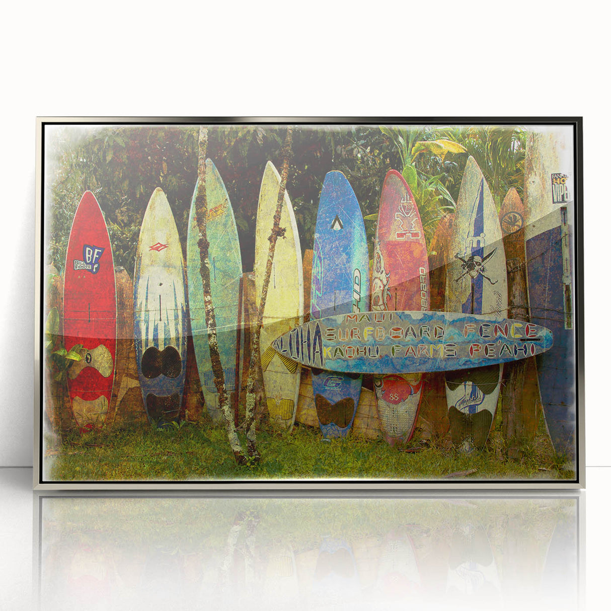 Mid-century modernist art depicting a serene Maui landscape in soft pastel shades on a silver-framed acrylic print.