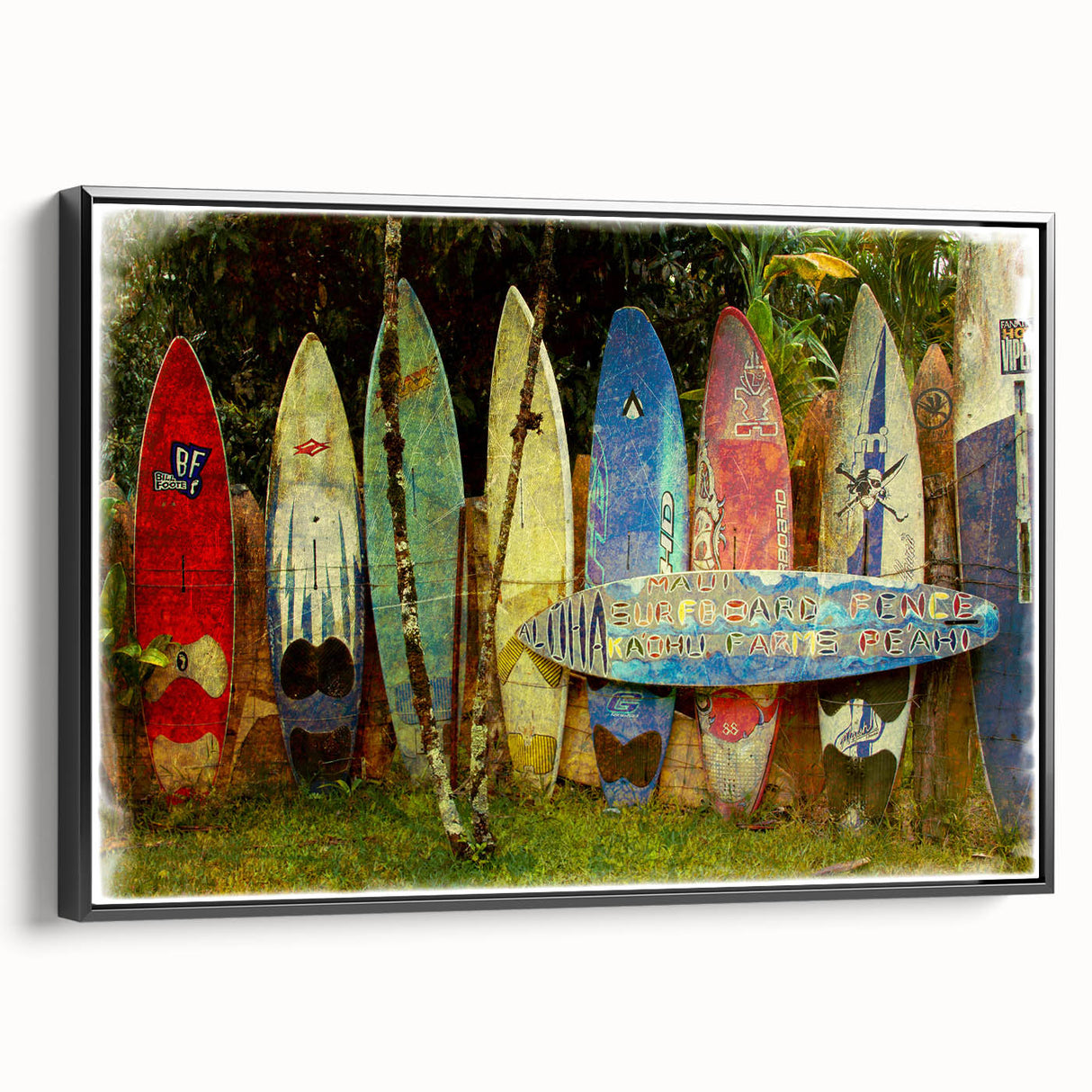 Black and white framed canvas featuring a vintage-style Maui landscape, ideal for bedroom wall art.