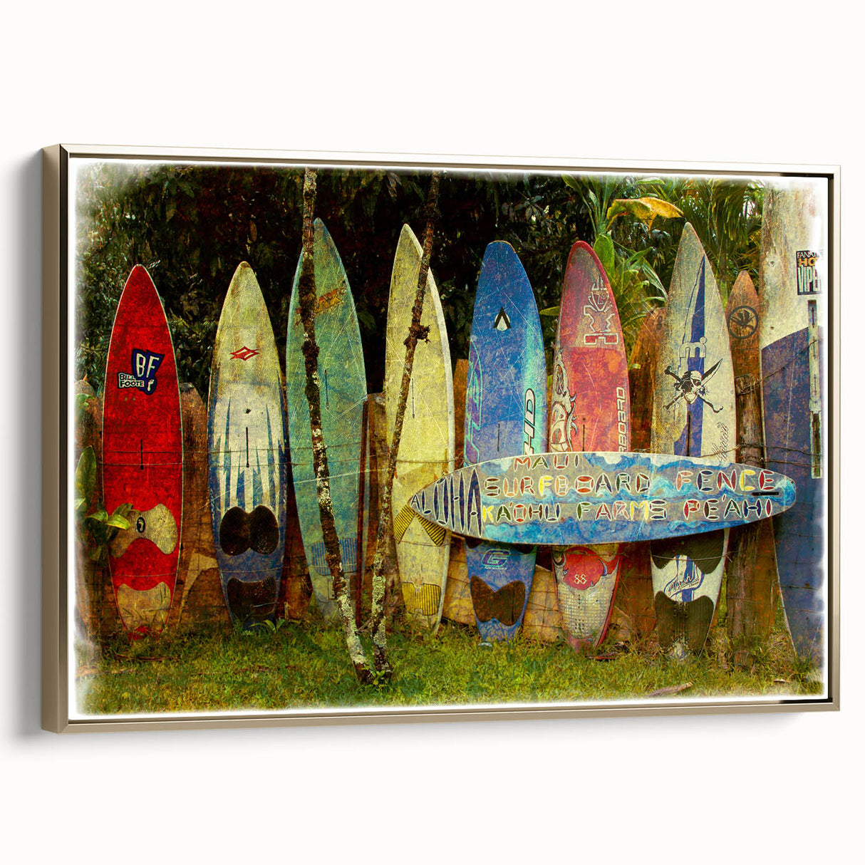 Framed canvas depicting a vintage-style landscape of Maui with a dominant black and gold palette, suitable for bedroom decor.