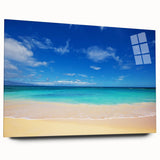 Large abstract wall art of Oahu's coastal scenery in muted blue and green tones on acrylic glass.