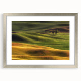 Textured abstract art print depicting a serene Idaho landscape in muted earth tones, framed in silver, ideal for bedroom art.