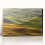 Acrylic print of a mid-century modernist Idaho scenery, framed in gold, suitable for modern art wall decor.