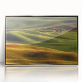 Mid-century modernist art depicting Idaho scenery in muted blues and greens on a framed acrylic print.
