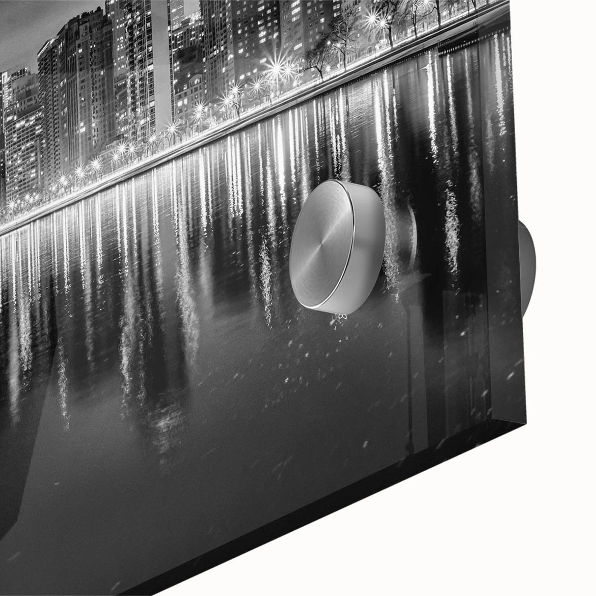 Large abstract depiction of Chicago skyline in muted gray and blue tones on acrylic glass, ideal for dining room art.