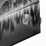 Large abstract depiction of Chicago skyline in muted gray and blue tones on acrylic glass, ideal for dining room art.