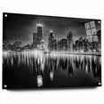 Acrylic print of a large abstract depiction of the Chicago skyline in cool blue and gray tones.