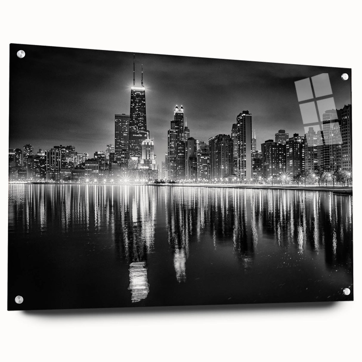 Acrylic print of a large abstract depiction of the Chicago skyline in cool blue and gray tones.