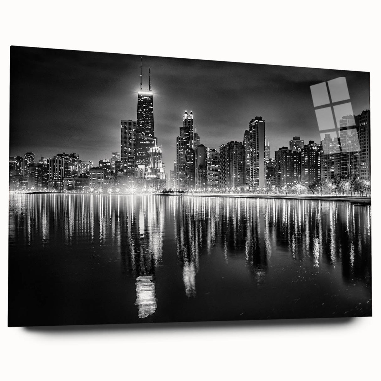 Acrylic print of abstract Chicago skyline in muted gray and blue tones, suitable for bedroom or dining room art.