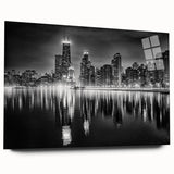 Acrylic print of abstract Chicago skyline in muted gray and blue tones, suitable for bedroom or dining room art.
