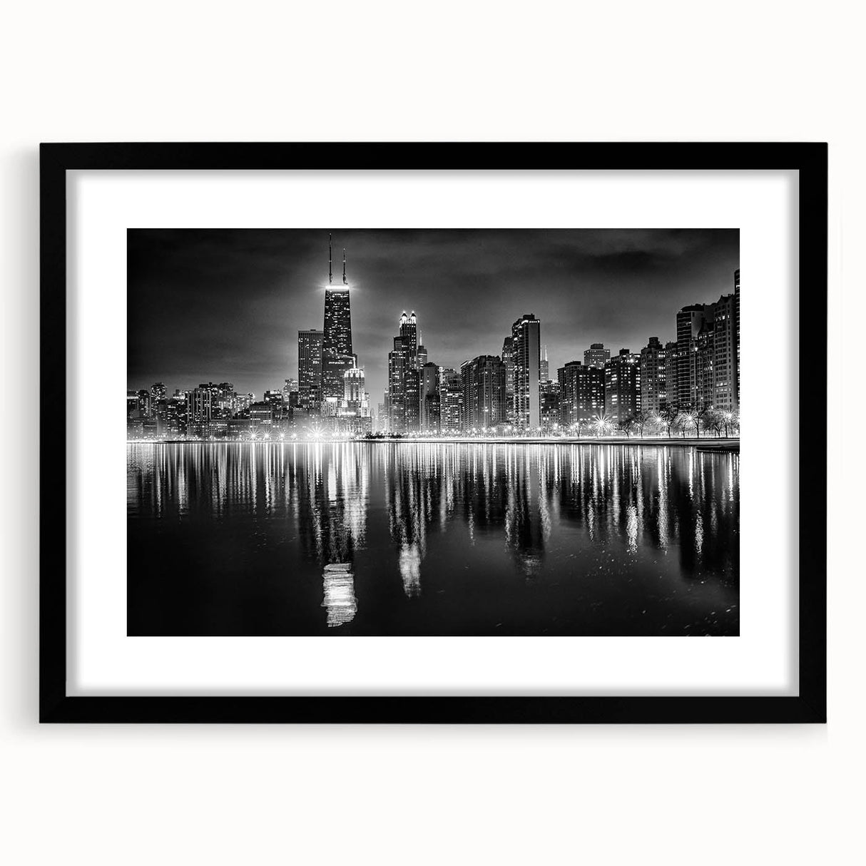 Extra large abstract art print of colorful Chicago skyline, textured finish on framed black canvas.
