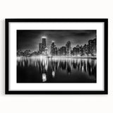 Extra large abstract art print of colorful Chicago skyline, textured finish on framed black canvas.