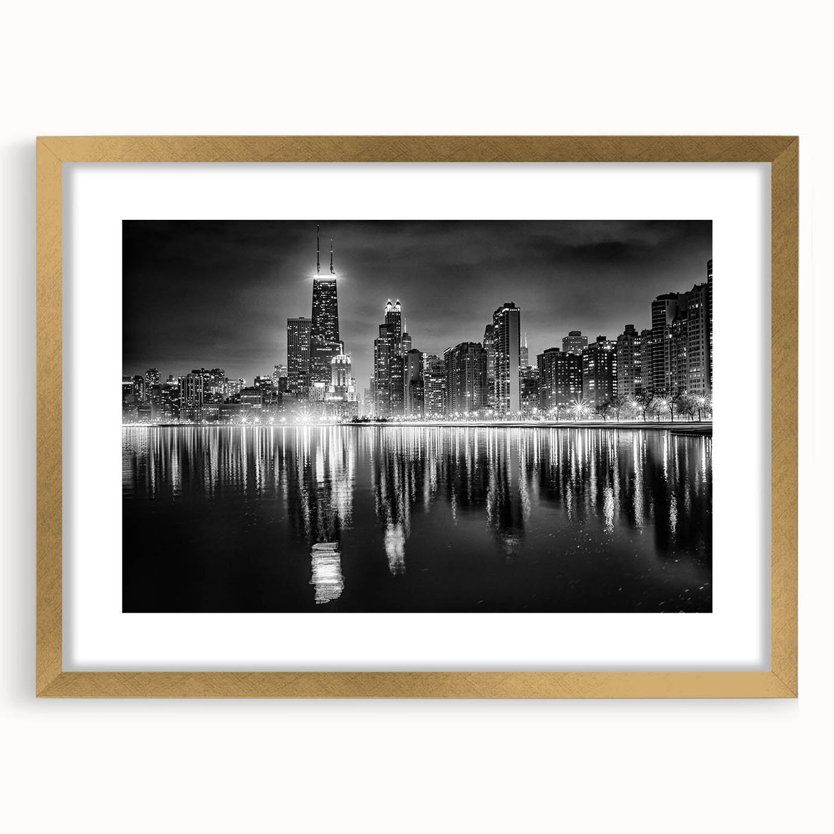 Extra large abstract art print of Chicago skyline in muted gray and gold hues on a framed canvas.