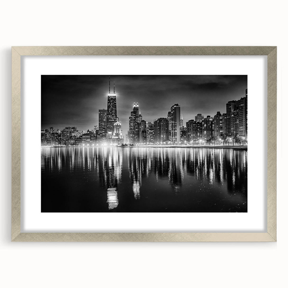Textured abstract art print of Chicago skyline in muted blue and gray tones on a framed canvas, suited for bedroom art.