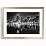 Textured abstract art print of Chicago skyline in muted blue and gray tones on a framed canvas, suited for bedroom art.