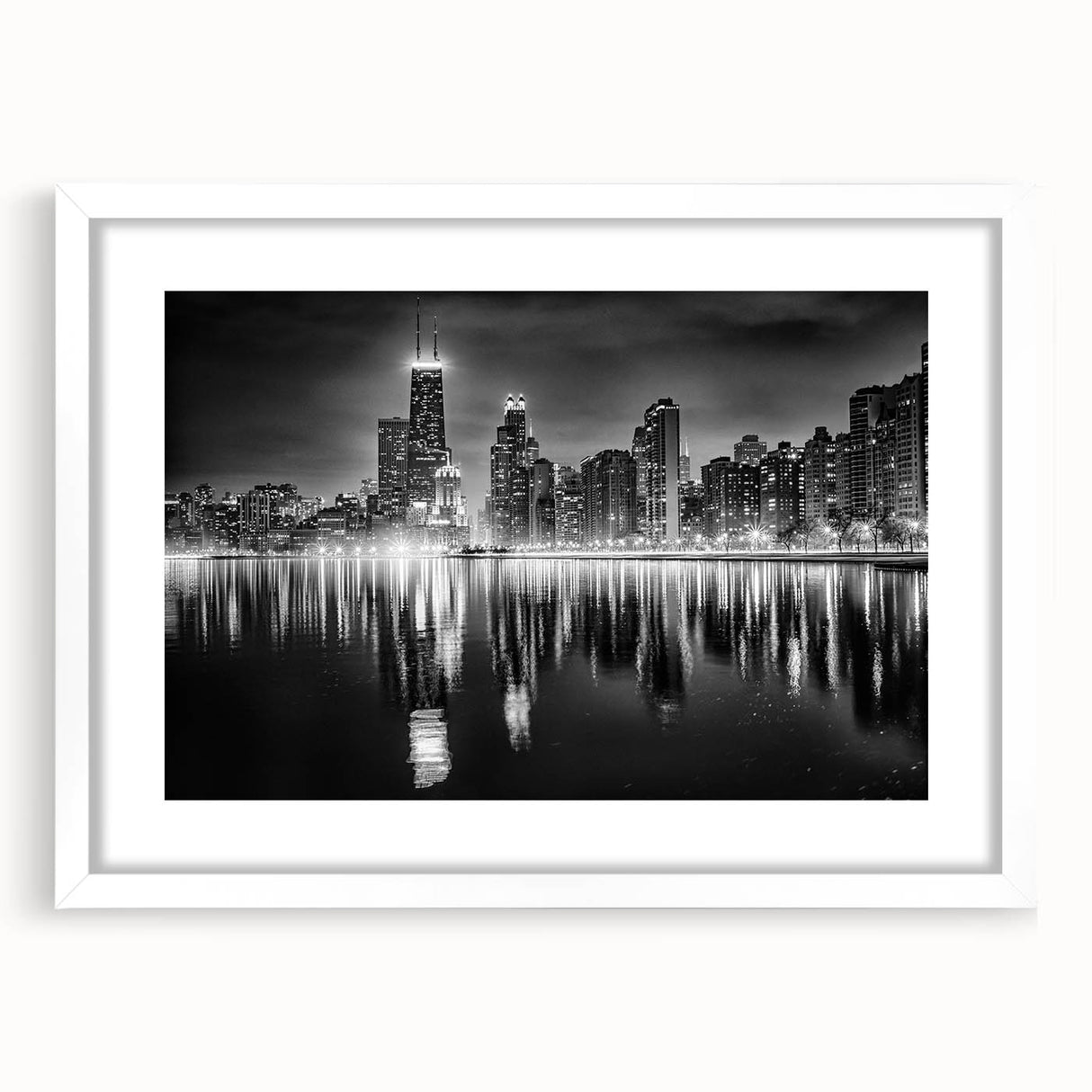 Abstract art print of Chicago skyline in muted blue and gray tones on a framed white canvas, ideal for dining room decor.