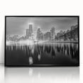 Large abstract wall art depicting the Chicago skyline in muted black and gray tones, framed acrylic.