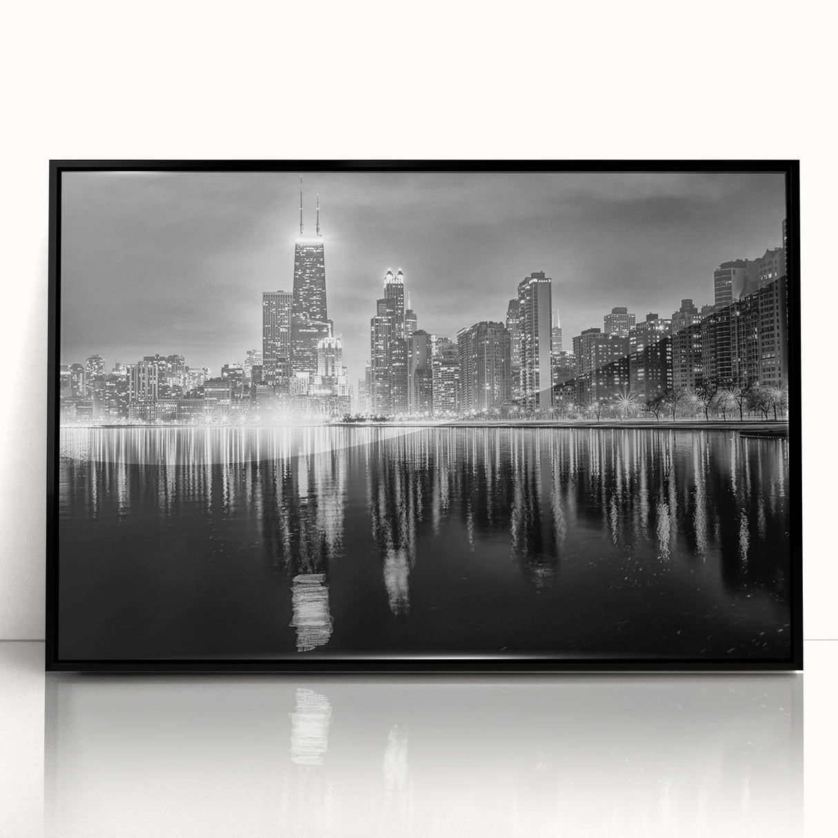 Large abstract wall art depicting the Chicago skyline in muted black and gray tones, framed acrylic.