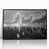 Large abstract wall art depicting the Chicago skyline in muted black and gray tones, framed acrylic.