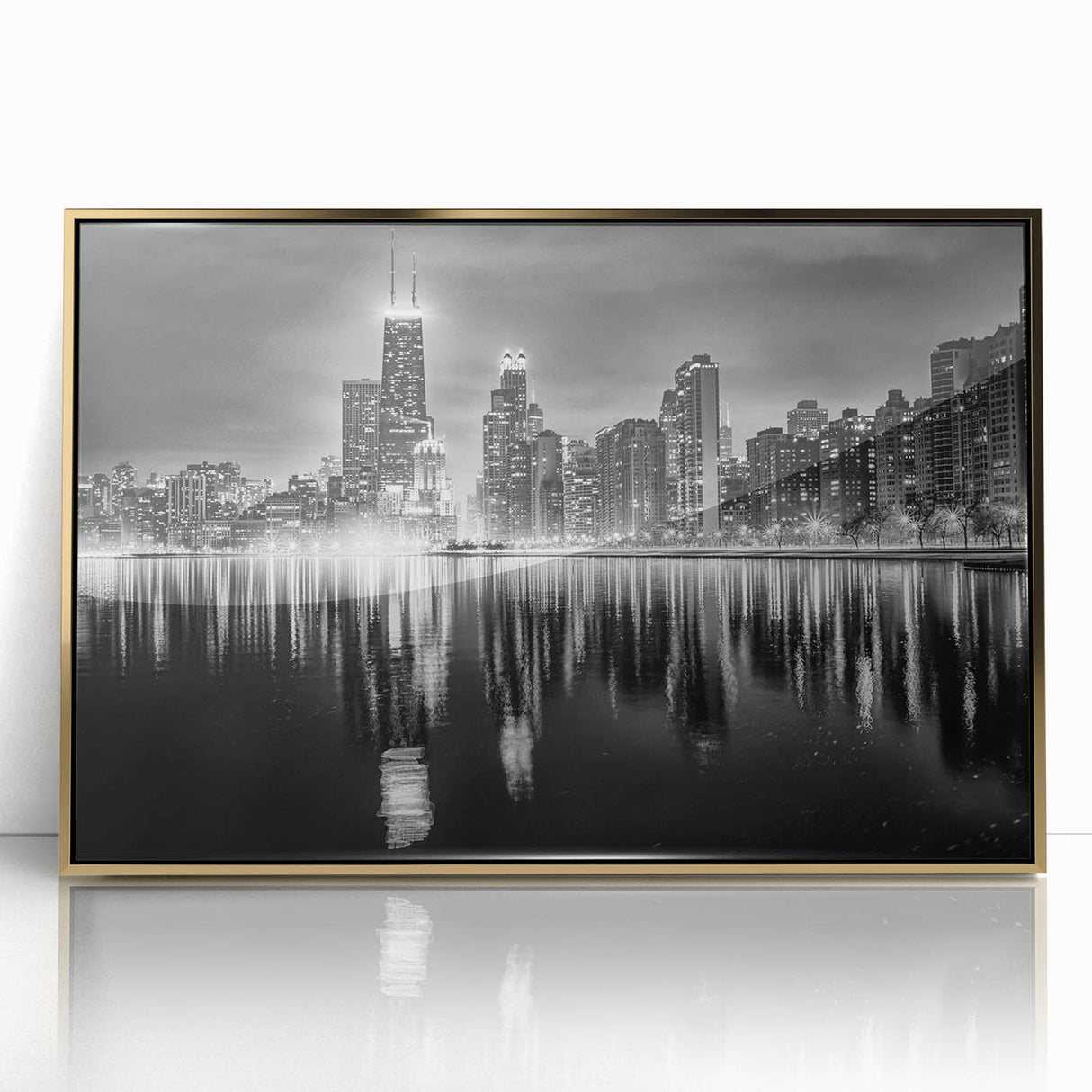 Large art print of Chicago skyline in muted gold and gray tones on a framed acrylic, ideal for modern art wall decor.