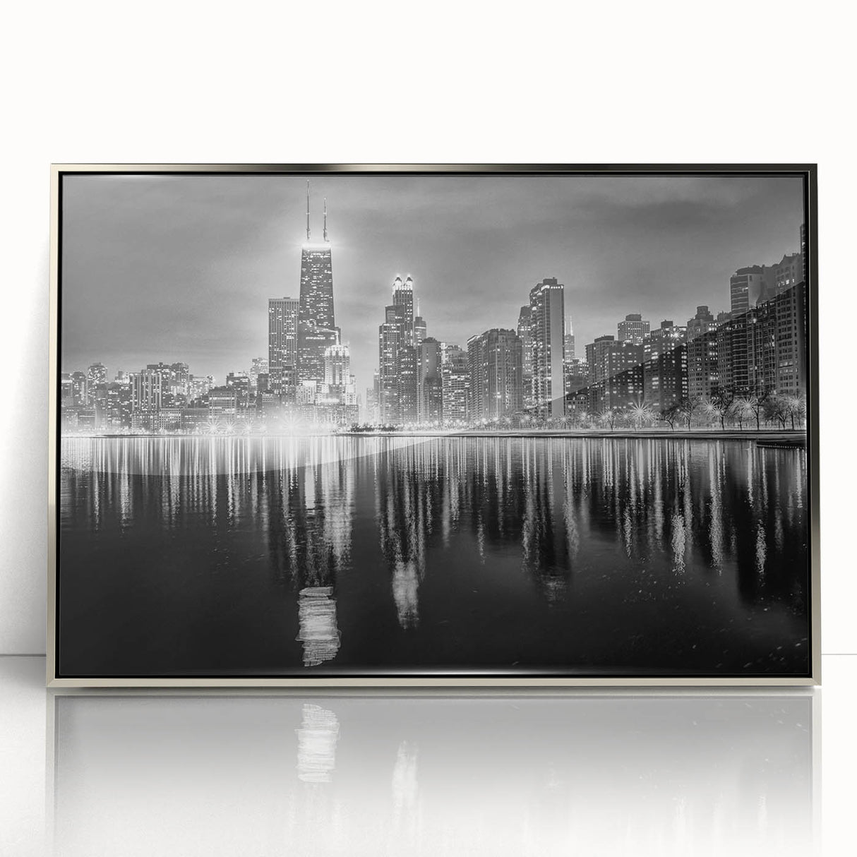 Mid-century modernist art depicting the Chicago skyline in muted blue tones on a framed acrylic print.
