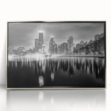 Mid-century modernist art depicting the Chicago skyline in muted blue tones on a framed acrylic print.