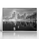 Art deco style Chicago skyline in muted gray and blue tones on a white framed acrylic, ideal for modern art wall decor.