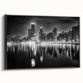 Black and white framed canvas of Chicago skyline, ideal for bedroom wall art in a vintage poster style.