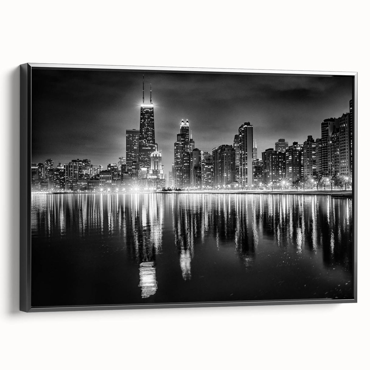 Black and white framed canvas of Chicago skyline, ideal for bedroom wall art in a vintage poster style.