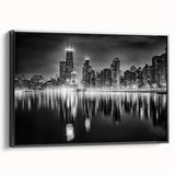 Black and white framed canvas of Chicago skyline, ideal for bedroom wall art in a vintage poster style.