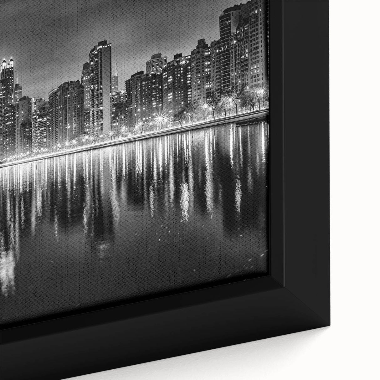 Extra large framed canvas featuring a textured depiction of the Chicago skyline in black with colorful art accents.