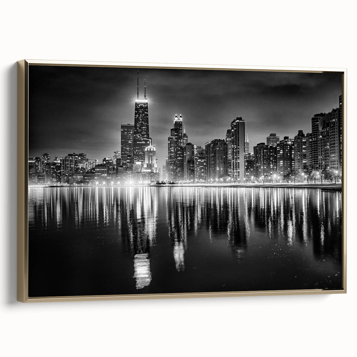 Framed canvas featuring a vintage-style landscape painting of the Chicago skyline in black and gold tones.