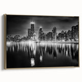 Framed canvas featuring a vintage-style landscape painting of the Chicago skyline in black and gold tones.