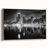 Framed canvas depicting a vintage-style Chicago skyline in colorful art palette, ideal for office decor.