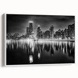 Vintage poster art of Chicago skyline in vibrant colors on a large framed canvas, ideal for living room decor.