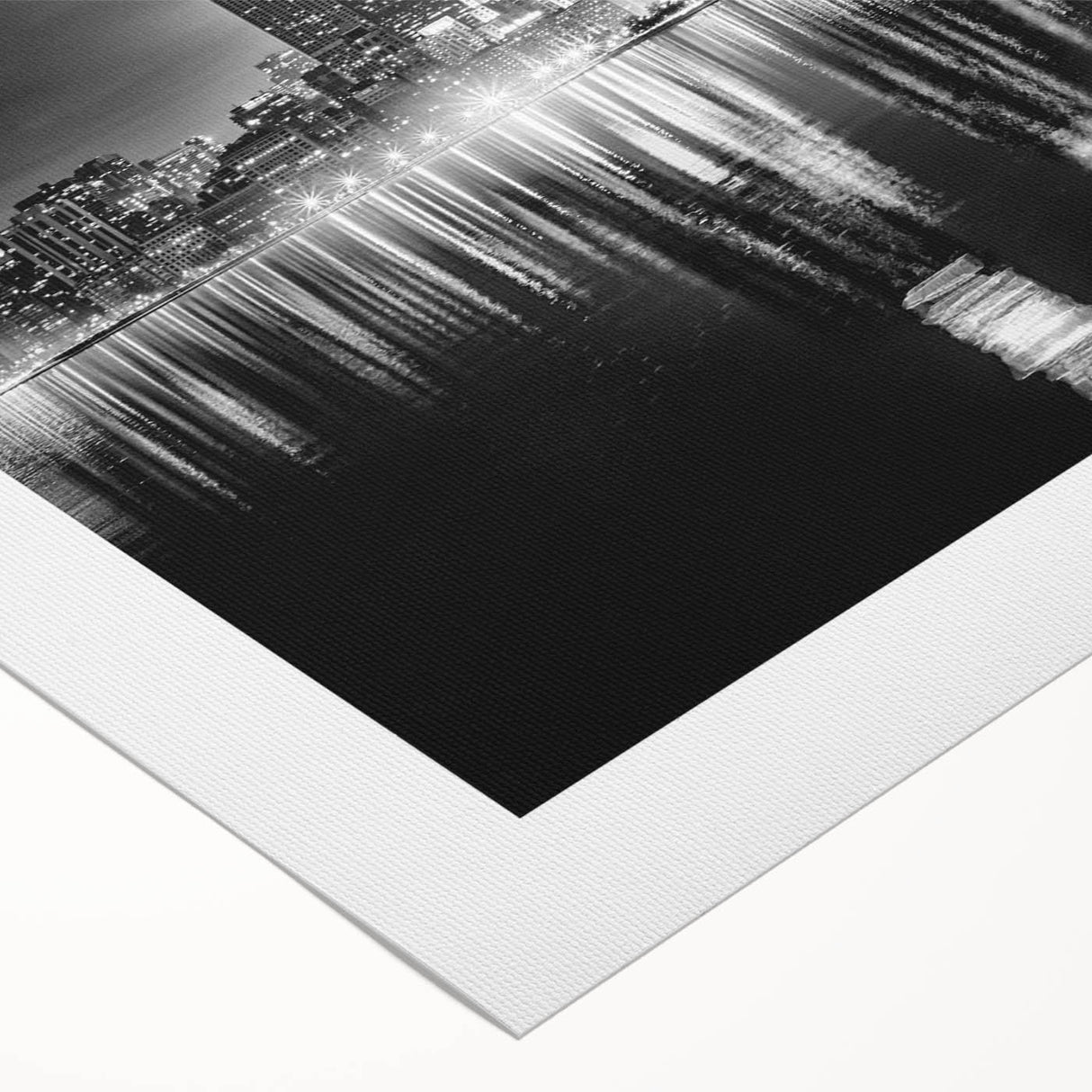 Art deco poster of Chicago skyline in monochrome shades on rolled canvas, suitable for dining room wall.
