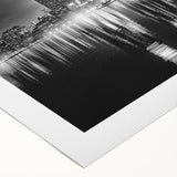 Art deco poster of Chicago skyline in monochrome shades on rolled canvas, suitable for dining room wall.