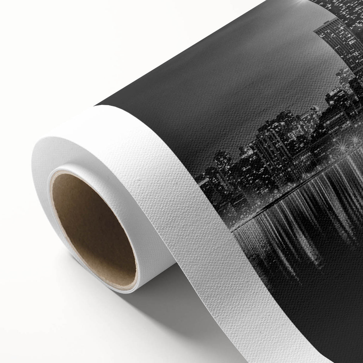 Art deco poster of Chicago skyline in muted blue shades on rolled canvas, ideal for nursery wall art.