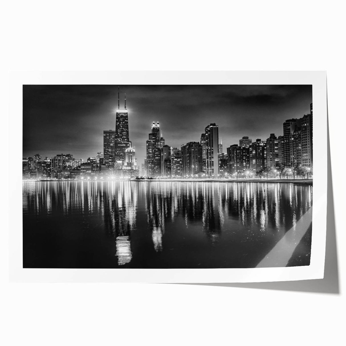Chicago skyline in muted gray tones on a rolled canvas, suitable as art wall dining room decor.
