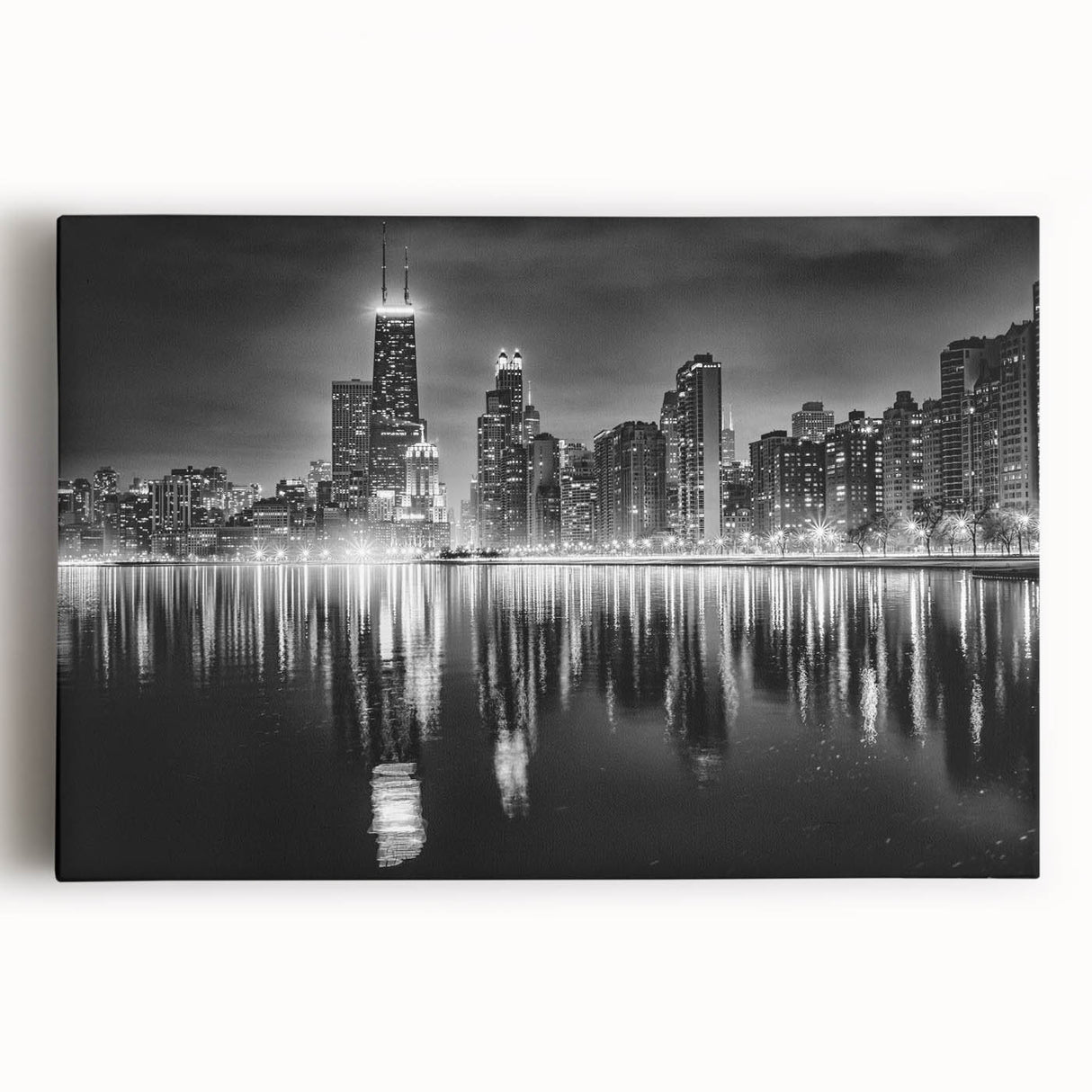 Black and white large art print of Chicago skyline on stretched canvas, ideal for kitchen wall art.