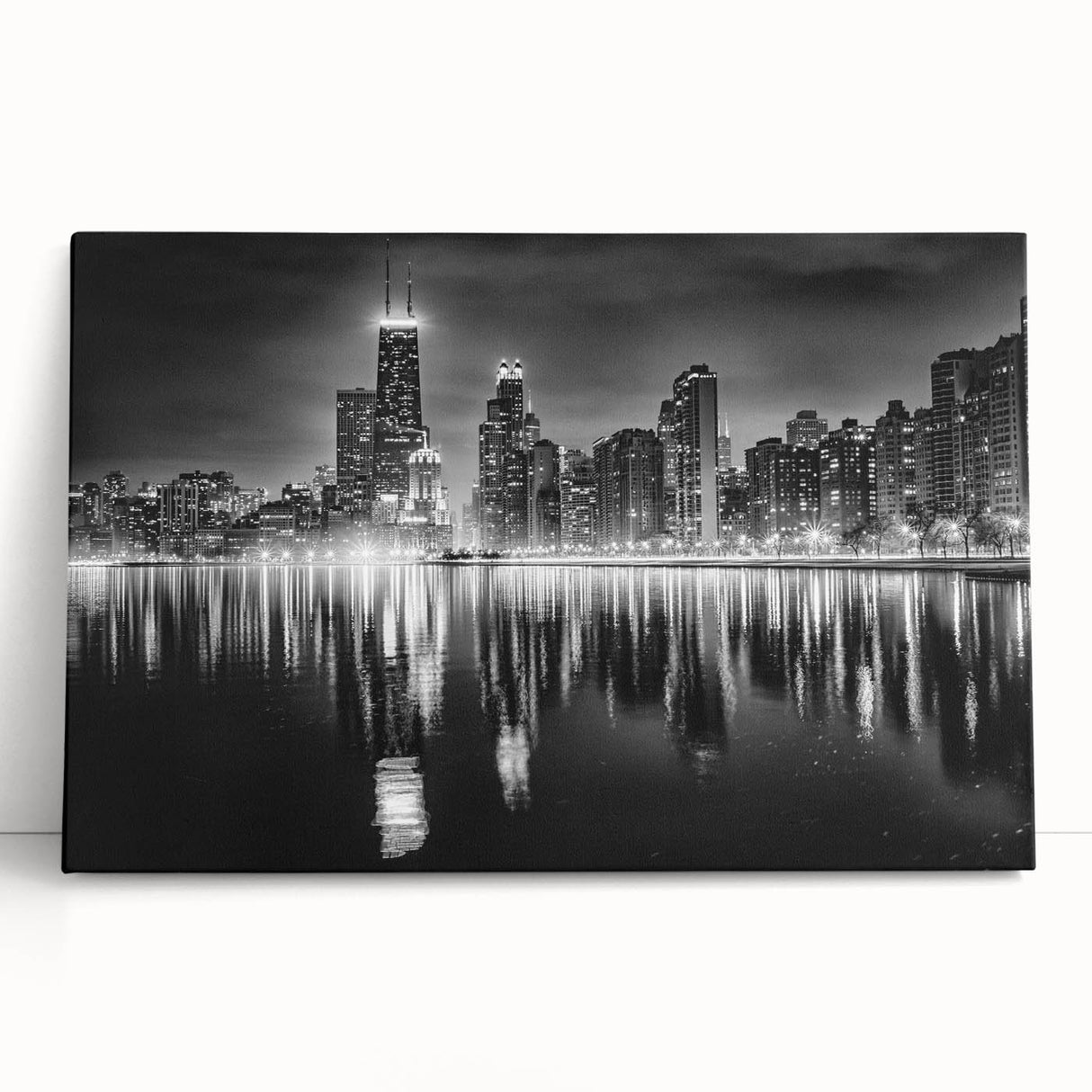 Large black and white stretched canvas of Chicago skyline, ideal for kitchen wall art or bedroom ambiance.