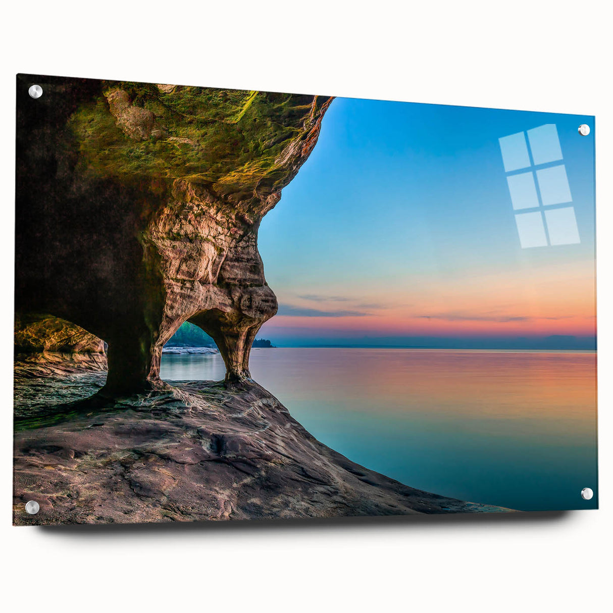 Large abstract wall art of Lake Michigan with vibrant blue and turquoise hues, acrylic print.