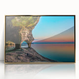 Framed acrylic print of Lake Michigan with soft blue and gold tones in a mid-century modernist style.