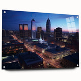 Acrylic print of Indianapolis skyline in muted gray tones, ideal for dining room decor.